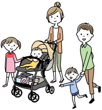 Ausgehen mit dem Kinderwagen, Familie / Dies ist eine Illustration einer Familie, die mit dem Kinderwagen ausgeht.