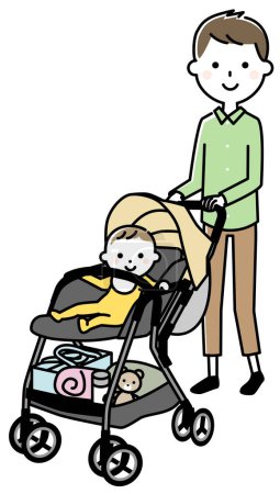 Ausgehen mit Kinderwagen, Baby und Vater / Dies ist eine Illustration eines Babys und Vaters, die im Kinderwagen ausgehen.