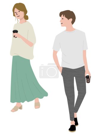 Junger Mann und Frau mit Kaffee zum Mitnehmen / Illustration eines jungen Mannes und einer jungen Frau mit Kaffee zum Mitnehmen.