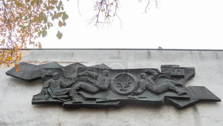 Photo for Kyiv, Ukraine. October 25, 2022. Bas-relief on the theme of space exploration on the facade of building 19 of the Kyiv Polytechnic University - Royalty Free Image