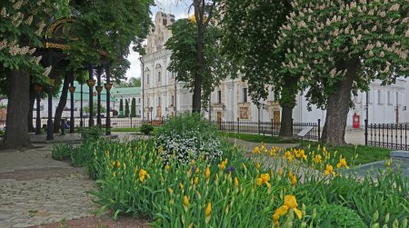 Photo for Spring flowers in the Kiev-Pechersk Lavra. View of the Assumption Cathedral - Royalty Free Image
