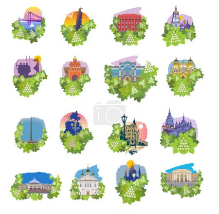 Ensemble d'icônes. Symboles architecturaux de Kiev, icônes miniatures colorées sur fond blanc. Illustration dessinée main
