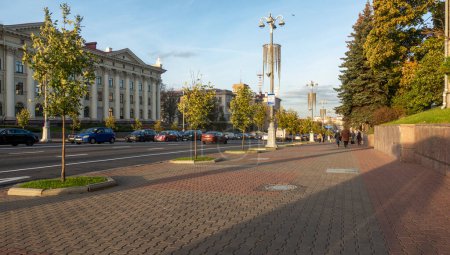 Independence Avenue in Minsk, view of the Palace of Culture of Trade Unions
