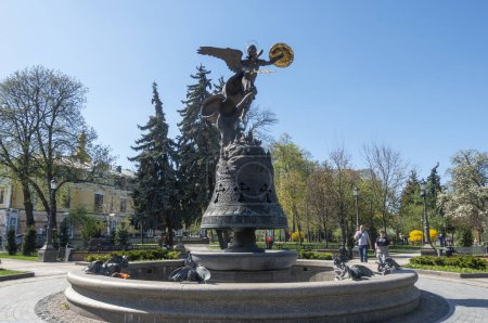 Photo for Kyiv, Ukraine. April 9, 2024 Fountain with a sculpture of the Archangel Michael in the Vladimirskaya Gorka park - Royalty Free Image