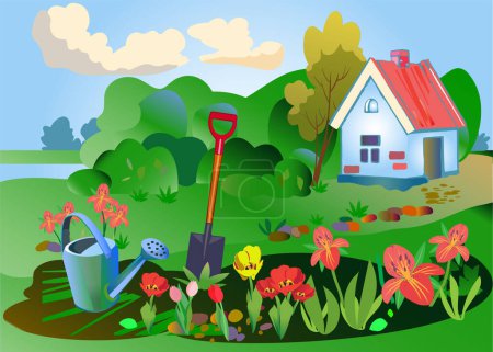 Colorida composición primaveral que representa un brillante jardín de flores en el jardín con el telón de fondo de una casa rural y el paisaje. Vector. Concepto de cuidado vegetal. O un fondo para varios personajes.