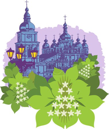 Illustration for Silhouette of St. Michael's Golden-Domed Cathedral in Kyiv and blooming chestnuts. Symbols of Kyiv. Vector drawing - Royalty Free Image