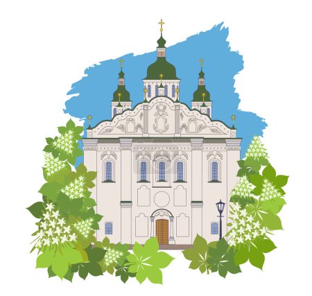 Dibujo vectorial de la iglesia de San Cirilo en Kiev y castaños florecientes en primavera. Símbolos de Kiev. Una serie de lugares de interés de Kiev