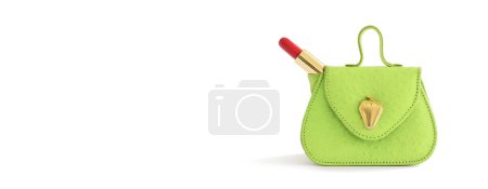 Foto de Cartera mini de cuero verde brillante con lápiz labial rojo isoalatrd sobre fondo blanco, espacio para copiar - Imagen libre de derechos
