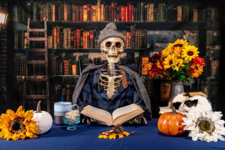 Foto de Esqueleto en sombrero y bufanda libro de lectura en la biblioteca decorado para el otoño con café caliente y gato calico - Imagen libre de derechos