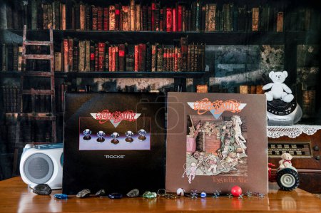 Foto de Chambersburg Pennsylvania USA 2-25-2024 banda de rock Aerosmith discos de vinilo rocas y juguetes en el ático aislado con radio antigua y fondo de biblioteca - Imagen libre de derechos