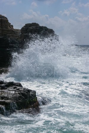 Photo for Severe storm at sea near the coastal cliffs in the Black Sea on Tarkhankut, Atlesh, western Crimea - Royalty Free Image