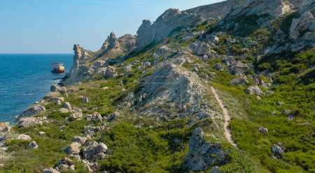 Photo for Green steppe vegetation among the shell rocks of Dzhangul of the landslide coast in the western Crimea, Tarkhankut - Royalty Free Image