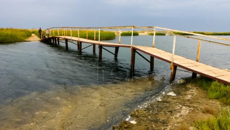 Téléchargez les photos : Passerelle en bois traversant le lac salé côtier, mer Noire - en image libre de droit