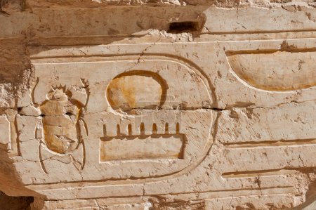 Téléchargez les photos : EGYPTE, LUXOR - 01 MARS 2019 : site archéologique, dessins et géoglyphes sur les murs d'un ancien temple, le temple de Hatchepsout près de Louxor en Egypte - en image libre de droit