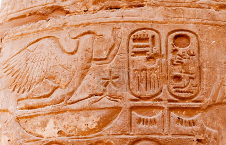 Photo for EGYPT,  LUXOR - MARCH 01, 2019: ancient Egyptian hieroglyphs, drawings and inscriptions on the walls and columns in the temple of Karnak in Luxor - Royalty Free Image