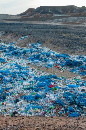 Foto de Botellas de plástico y varios residuos de hoteles en la naturaleza, Basura volcado en el desierto en Egipto - Imagen libre de derechos