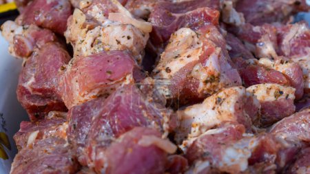 Photo for Pork meat prepared for frying on smoking coals in the grill - Royalty Free Image