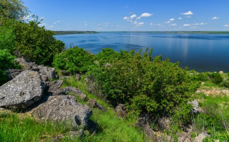 Téléchargez les photos : Paysage naturel printanier de steppe verte sur la rive de l'estuaire de Khadzhibey, sud de l'Ukraine - en image libre de droit