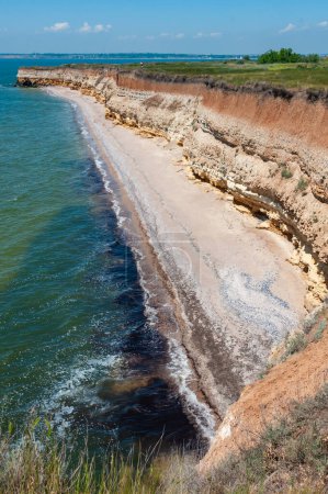 Téléchargez les photos : Raide rivage argileux et coquillier recouvert de végétation de steppe sauvage sur l'île de Berezan, Ukraine - en image libre de droit
