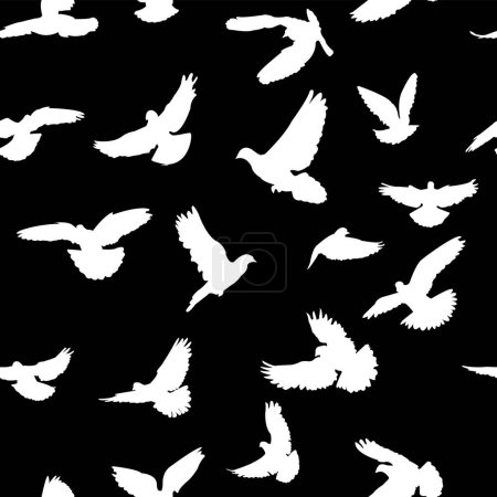 Ilustración de Siluetas de paloma blanca sobre fondo negro sin costuras; patrón monocromo con pájaros - Imagen libre de derechos