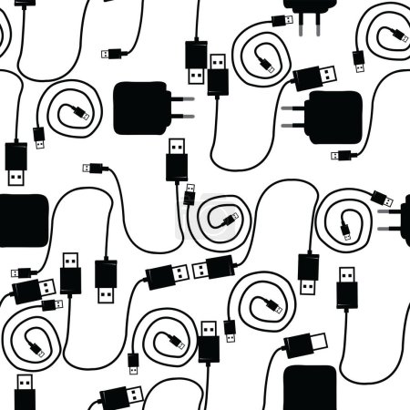 Ilustración de Patrón sin costura con USB tipo A y tipo B, cable y cargador de teléfono móvil; ilustración vectorial - Imagen libre de derechos