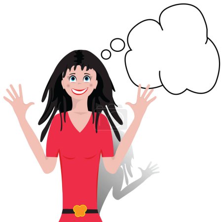 Illustration for Girl with raised hands smilling and a speech bubble; Person with a thought to share - Royalty Free Image