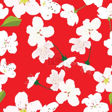 Ilustración de Seamless pattern with white flowers and red background for prints; white cherry flowers design with red background - Imagen libre de derechos