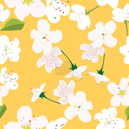 Ilustración de Patrón sin costuras con flores blancas y fondo amarillo para estampados; diseño de flores blancas de cerezo con fondo rojo - Imagen libre de derechos