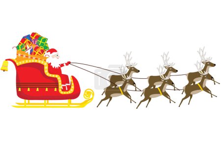 Ilustración de Hermoso trineo de Navidad con Santa Claus y seis renos; ilustración de la eslora de Navidad con Santa Claus, renos; bolsa de regalo y timbres - Imagen libre de derechos