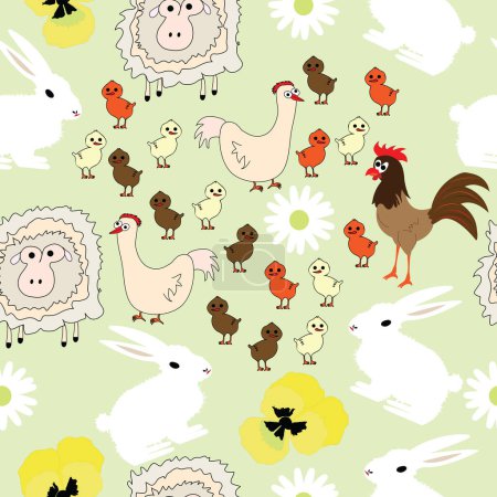 Ilustración de Patrón sin costuras con animales domésticos y flores: conejo, oveja, gallina, gallo, polluelo, margarita y margarita - Imagen libre de derechos