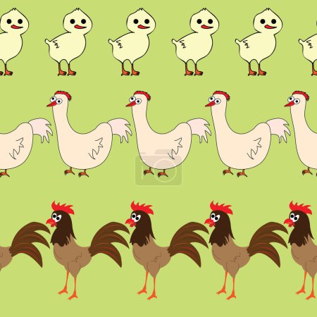 Illustration for Seamless pattern with repeating chick hen and rooster ; rows with repeating domesticated animals - Royalty Free Image