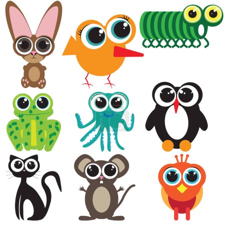 Foto de Figuras lindas de animales de diseño plano infantil; conejo, abedul, gusano, rana, pulpo, pingüino; gato; ratón; personajes de aves con ojos enormes - Imagen libre de derechos