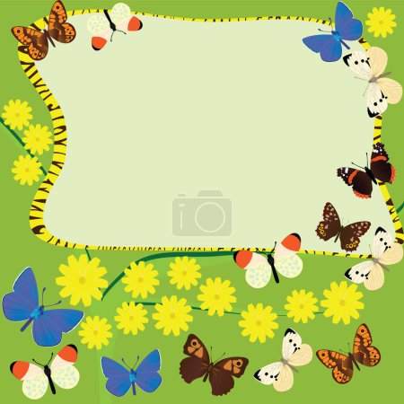 Foto de Tablero de anuncios establecido en una ramita florida con mariposas alrededor; Hermoso espacio de copia con flores y mariposas alrededor - Imagen libre de derechos