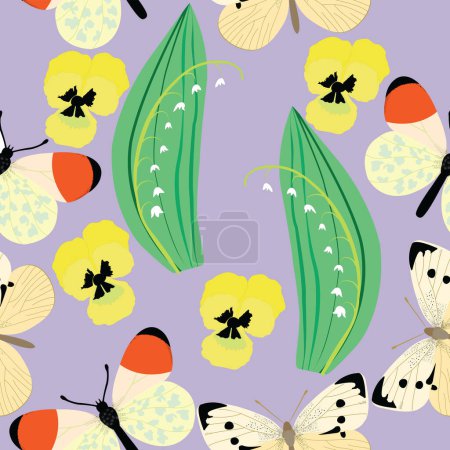 Foto de Pequeña mariposa blanca y cardaminas Anthocaris con flores Lily y flores Pansy patrón sin costuras sobre fondo púrpura; - Imagen libre de derechos