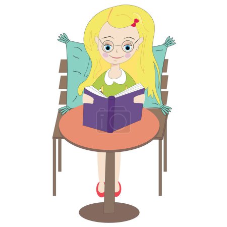 Téléchargez les illustrations : Fille lisant un livre violet assis sur un banc avec un oreiller ; adolescente lisant paisiblement - en licence libre de droit