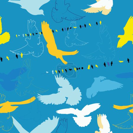 Ilustración de Patrón sin costura con silueta de pájaro y contorno; vector de stock; siluetas y contorno de pájaro; aves en alambre; aves volando - Imagen libre de derechos