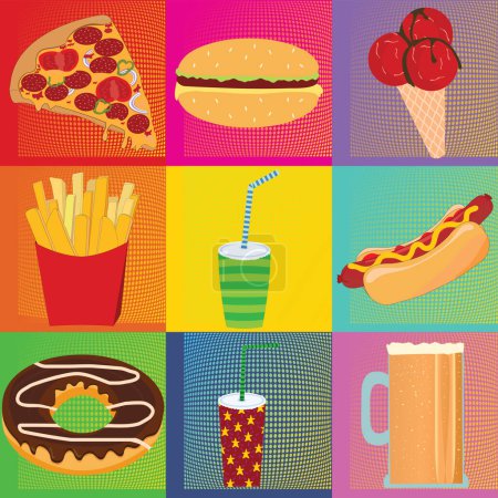 Foto de Fondo multicolor con iconos alimentarios inspirados en Andy Warhol - Imagen libre de derechos