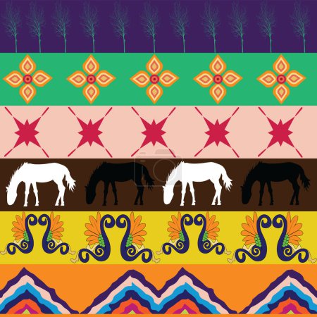 Foto de Patrón sin costura con árboles adornos caballos y chevron; seis filas con serie de elementos - Imagen libre de derechos