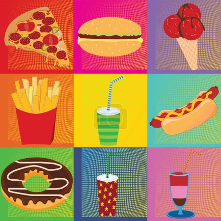 Foto de Pop Art Andy Warhol fondo con puntos e iconos de la comida; fondo multicolor con alimentos - Imagen libre de derechos