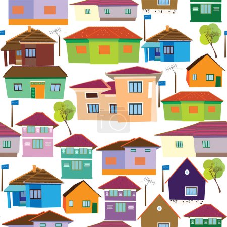 Ilustración de Coloridas casas de pueblo patrón sin costuras; casas de pueblo rumano, doodle estilo vector patrón sin costuras - Imagen libre de derechos