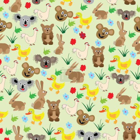 Illustration for Comical seamless pattern with wild and domestic animals; many funny animal cartoons seamless to print on textile and paper, plastic bags - Royalty Free Image