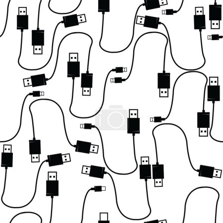 Ilustración de Patrón sin costura con USB tipo A y tipo B y cable; Diseño USB con blanco y negro; ilustración vectorial - Imagen libre de derechos