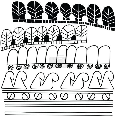 Ilustración de Diseño de garabatos de adornos antiguos utilizados para decorar artefactos prehistóricos; ilustración de arte de línea monocromática - Imagen libre de derechos