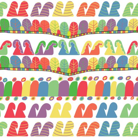 Ilustración de Filas de adornos coloridos patrón sin costura; Coloridos adornos repetitivos - Imagen libre de derechos