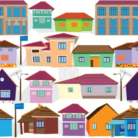 Ilustración de Filas de coloridas casas de pueblo patrón sin costuras; casas de pueblo rumano, doodle estilo vector patrón sin costuras - Imagen libre de derechos