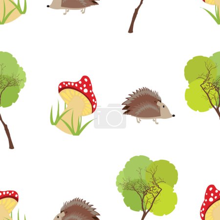 Illustration for Repetition of mushroom hedgehog and tree seamless pattern; Repeating rows with colorful items - Royalty Free Image