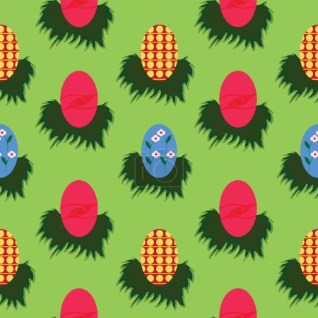 Patrón sin costuras con filas de huevos de colores dispuestos en pequeños arbustos de hierba; patrón decorativo con huevos de colores