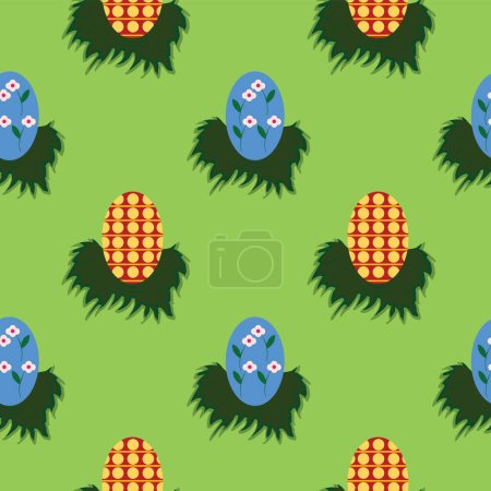 Patrón sin costuras con huevos de colores dispuestos en pequeños arbustos de hierba; patrón decorativo con huevos de colores