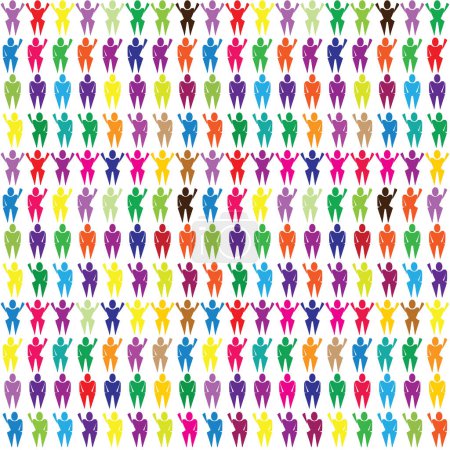 Téléchargez les illustrations : Personnages colorés de gens faisant un geste répétant des rangées ; mains levées et les gens debout de petites figures - en licence libre de droit