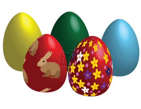 Téléchargez les illustrations : Cinq bouquets isolés de beaux œufs de Pâques éclatants avec une empreinte de lapin et des fleurs ; une petite pile d'œufs colorés - en licence libre de droit